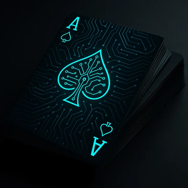 Angled Ace of Trades playing card, showing its circuit spade
