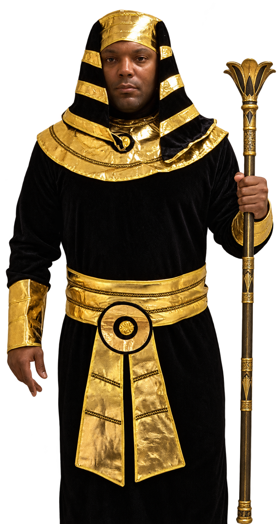 Eric in a black and gold pharaoh costume holding an Egyptian staff