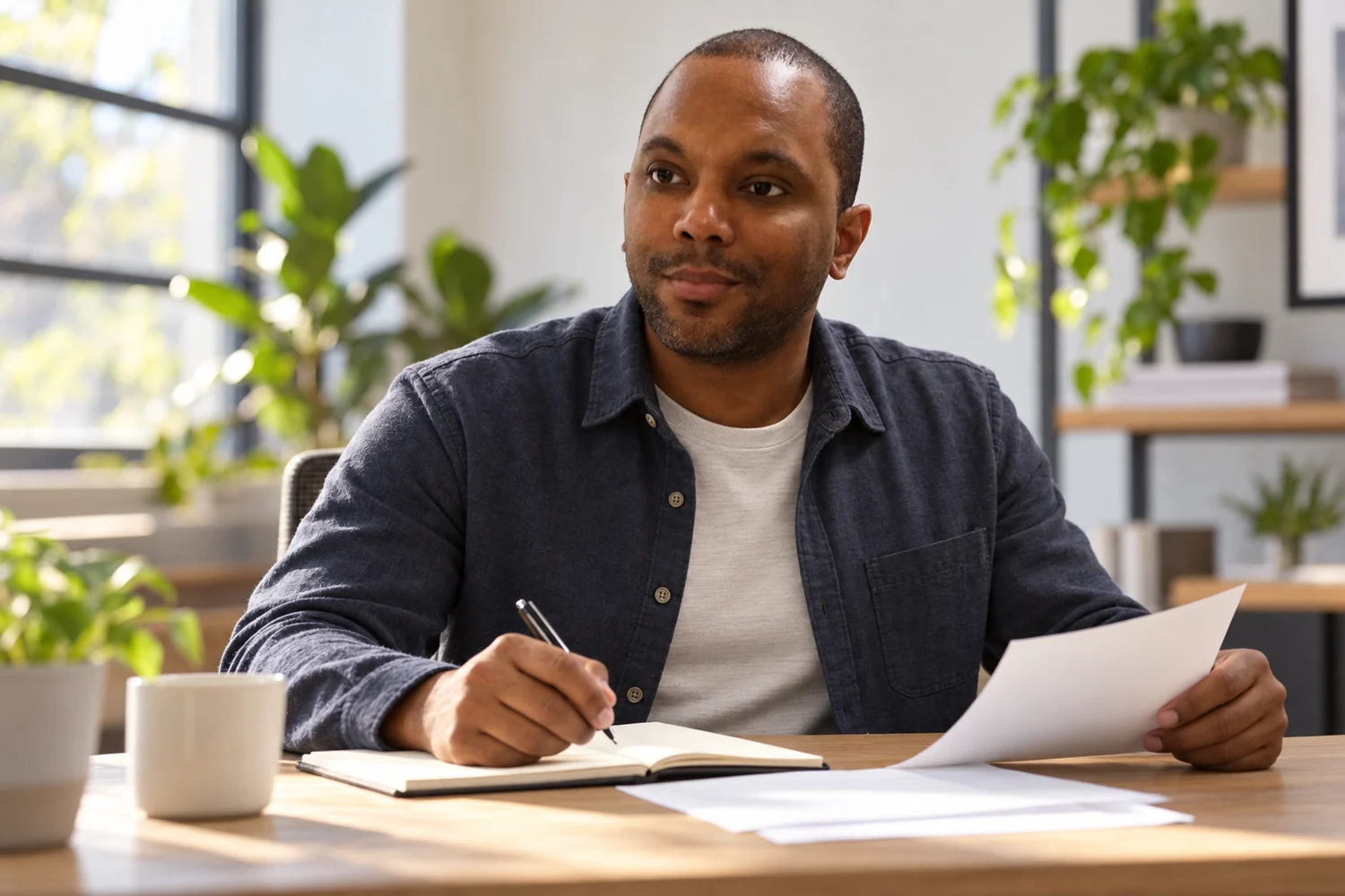Eric Pollard reviewing notes at a desk in a bright studio
