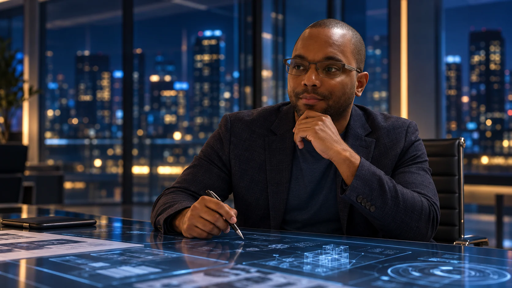 Eric Pollard alone at a strategy table in a softly lit innovation room