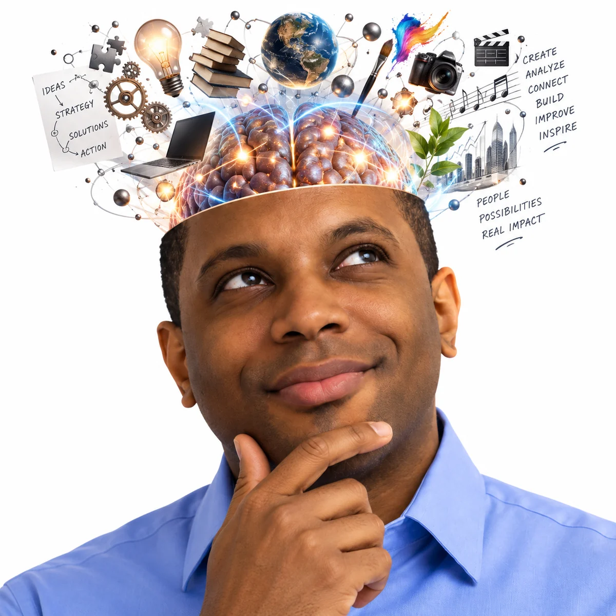 Illustrated portrait of Eric Pollard with ideas and connections emerging above him
