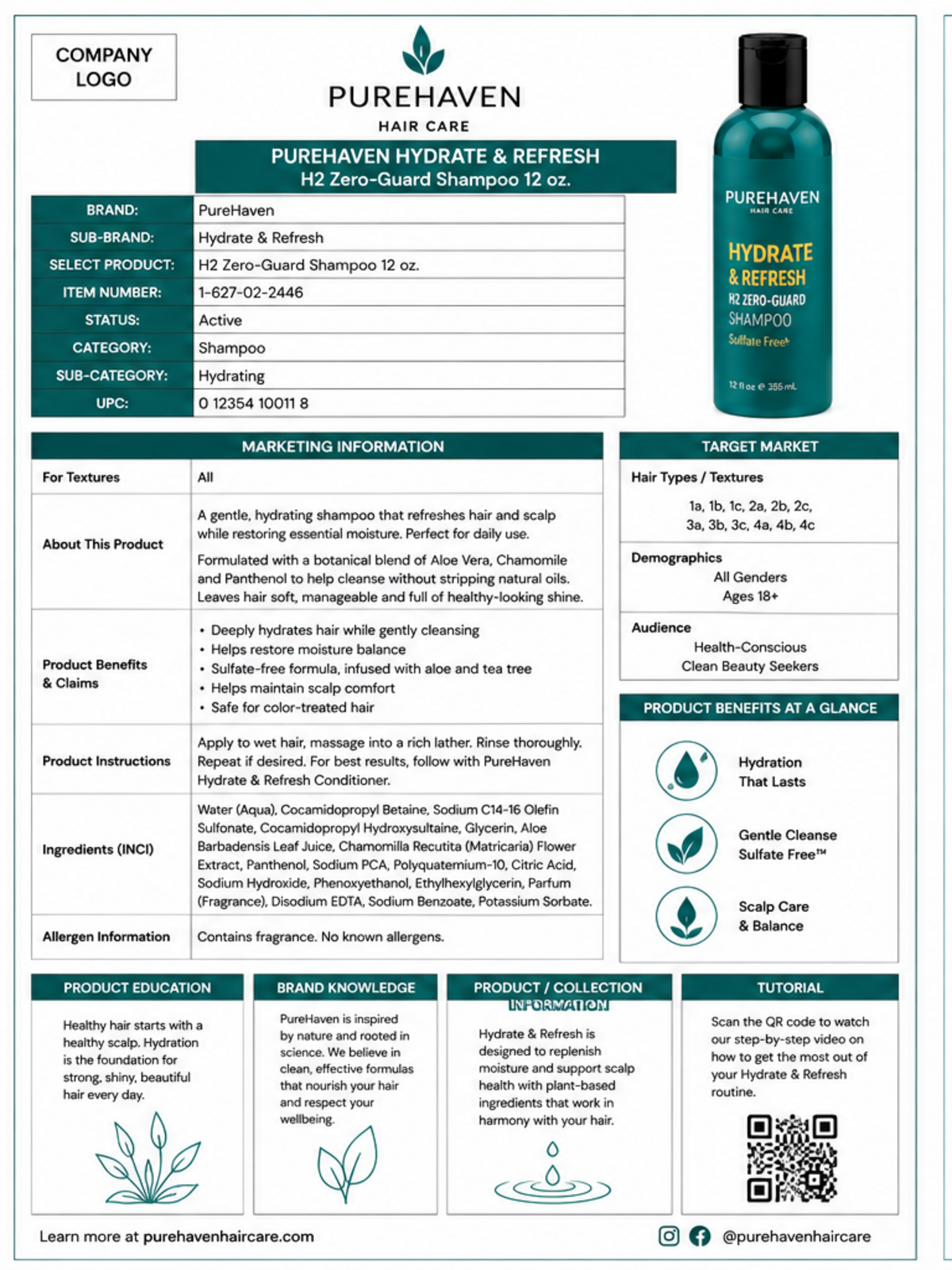 Fictional PureHaven marketing information sheet based on Eric Pollard's Excel system
